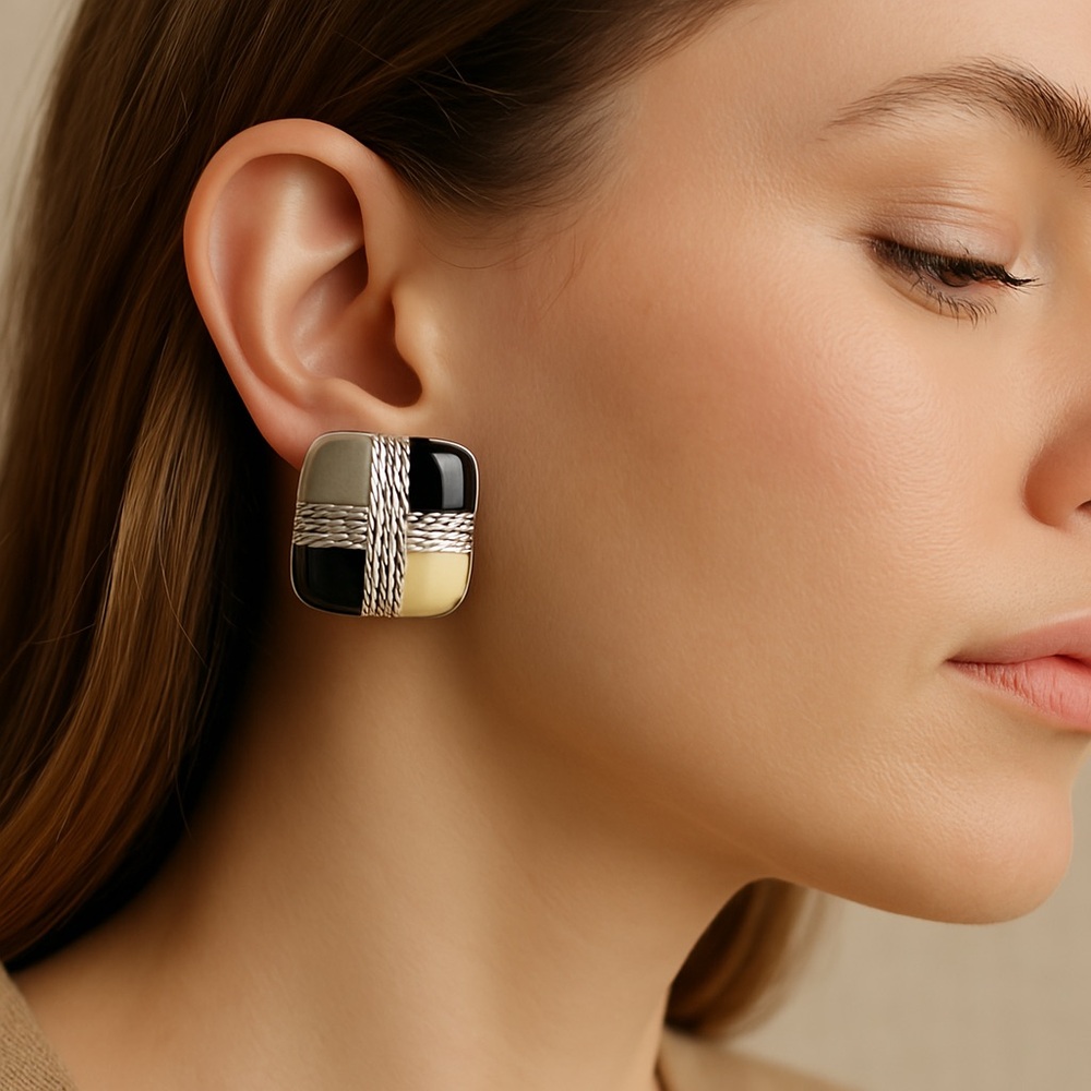 Square enameled pierced earring setting metal black gray yellow